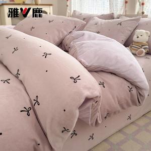 Yalu Комплект постельного белья из 4 предметов (простыня на резинке 180 см, пододеяльник 200х230 см), молочный бархат, цвет Little Bow Tie Purple