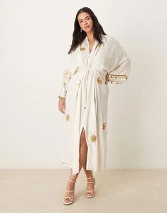 Платье-кимоно миди Hope & Ivy Plus с завязками на талии, цвет слоновой кости