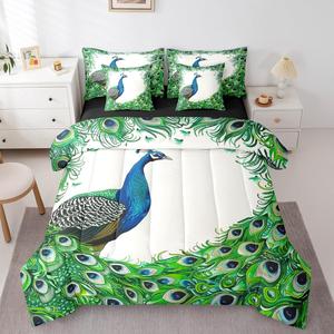 Erosebridal Комплект постельного белья Peacock с экзотическим принтом птиц и диких животных из мягкого хлопка для любого сезона, Green White Blue