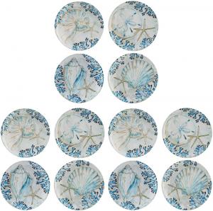 Certified International Playa Shells салатная/десертная тарелка 21,5 см, средняя, набор из 4 штук (упаковка 3), синий/белый/золотой