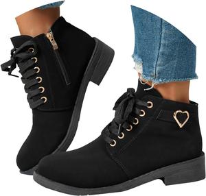 Женские замшевые ботильоны на щиколотку, с боковой молнией, шнуровкой, классические короткие ботинки, повседневные обувь с низким каблуком на осень и зиму, однотонные модные туфли с декором в виде сердца для ежедневной ходьбы Generic, Black
