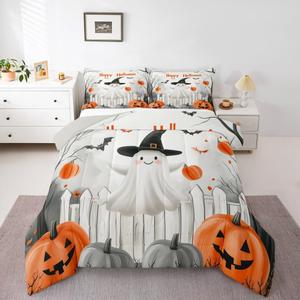 Erosebridal Комплект постельного белья Happy Halloween с принтом привидений, тыкв и летучих мышей, White Orange