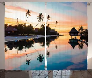 Штора ABAKUHAUS "Рустикальный пейзаж", Sunset Island, Муреа, присборенная ленточная штора для спальни с петлями и крючками, 280 x 245 см, цвет: желтый, коралловый, красный, синий