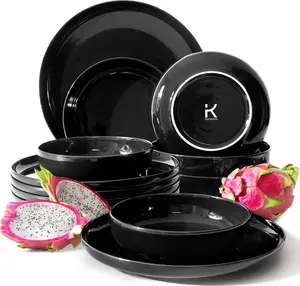 Набор столовых приборов KONSIMO VICTO, произведен в ЕС (12 предметов), на 6 персон, керамическая посуда, пригоден для использования в посудомоечной машине и микроволновой печи, глянцевый черный цвет Konsimo