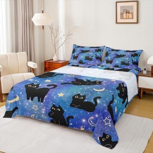 Erosebridal Комплект постельного белья Black Cat с галактическим принтом и милыми котиками, разноцветный, Purper Blue Black