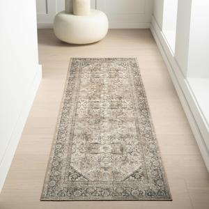 Ковер nuLOOM, 82 x 244 см, Hillstone Collection, традиционный винтажный медальон с эффектом потертости, плотный и мягкий, прочный низкий ворс из смеси полиэстера и джута без линьки, для гостиной, спальни, цвет Deka Dark Beige