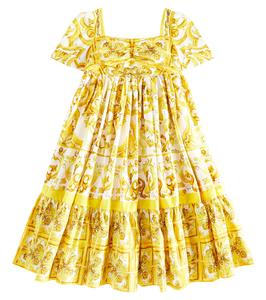 Платье из хлопкового поплина с принтом Dolce&Gabbana Kids, Mix Maiolica Giallo