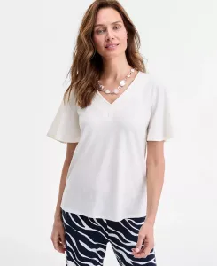 Женский трикотажный топ с V-образным вырезом и короткими рукавами JM Collection, белый