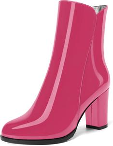 Женские офисные ботильоны NUMALEO с круглым носком, на молнии, лаковые, с высоким блочным каблуком 3,3 дюйма, Magenta