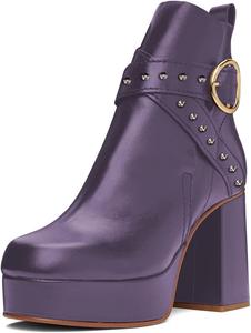Женские ботильоны YDN с круглым носком, на застежке с ремешком, с заклепками, на высоком блочном каблуке, зимние ботинки, размеры 4-15 US, Purple