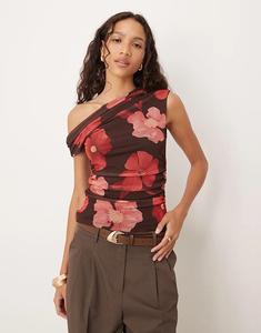 Асимметричный сетчатый топ Mango с коричнево-розовым цветочным принтом