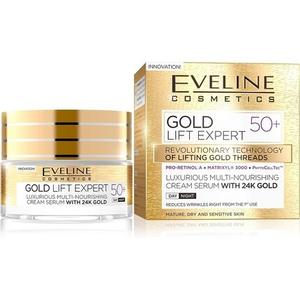 Gold Lift Expert Мультипитательный крем-сыворотка с 24-каратным золотом 50+ Крем-лифтинг для лица против морщин с витаминами A, B, D 50мл, Eveline Cosmetics
