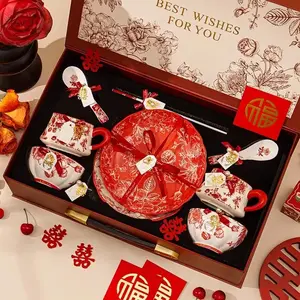 Ceramics Набор посуды для новобрачных Rose Queen Jinhe, 14 предметов, свадебные тарелки и миски в китайском стиле