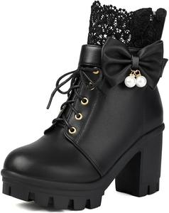 Женская мода Ботильоны на толстом каблуке с круглым носком, платформой, шнуровкой и молнией, элегантные короткие ботинки JOEUSTY, Black