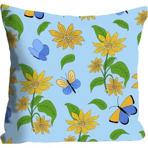 Декоративная подушка queence Lova с бабочками и цветами Queence, Hellblau/gelb + bedruckt