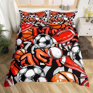 Erosebridal Комплект постельного белья Graffiti Sports для мальчиков с футбольным и баскетбольным принтом, Orange Red