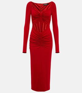 Платье миди из джерси со вставкой из тюля и сборками Versace, Dark Red