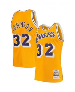 Мужская футболка magic johnson gold los angeles lakers 1984/85 hardwood classics authentic jersey Mitchell & Ness