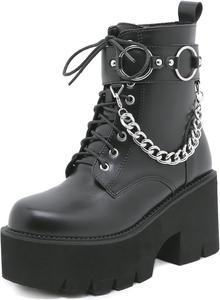 Женские ботильоны на массивном каблуке с платформой, готические боевые ботинки на высоком каблуке, короткие ботинки с заклепками, пряжкой и шнуровкой, панк-бутсы ZPRGZPG, Black-9