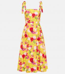 Хлопковое платье миди с цветочным принтом Carolina Herrera, мультиколор