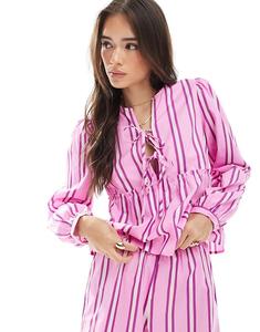 Блузка с длинными рукавами и завязкой спереди в розово-фиолетовую полоску