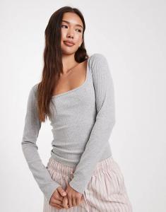 Лонгслив Miss Selfridge с квадратным вырезом и длинными рукавами в рубчике, светло-серый