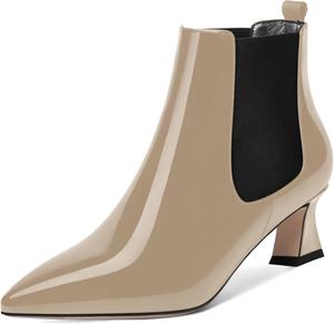 Женские зимние ботильоны AMBELIGHT с острым носком, лакированные, офисного стиля, на низком каблуке-кубике 2 дюйма, с эластичной вставкой, Beige