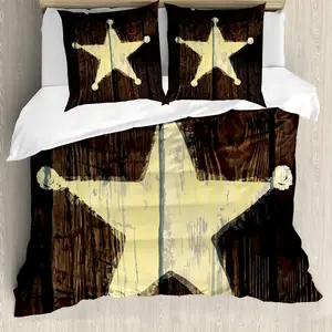 Пододеяльник ABAKUHAUS Western, деревенский, деревянный, с рисунком Одинокая звезда, с защитой от клещей, подходит для аллергиков, с наволочками, 155 см x 220 см - 80 x 80 см, бледно-желтый и коричневый Abakuhaus