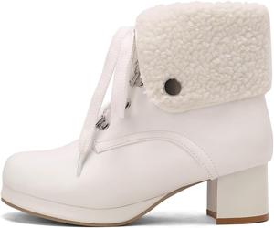 Женские Ботильоны UniqueStride с Мягким Искусственным Мехом, Складным Верхом, Шнуровкой и Массивным Каблуком, Модные, для Косплея, White