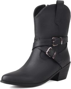 Женские классические ковбойские ботинки MRKEWUNEY с массивным каблуком, вестерн-бутильеры с боковой молнией, заостренным носком и стилем Челси, 384 Black