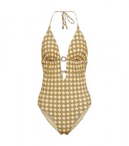 Печатный купальник Tory Burch, 3d Check Logo Lime