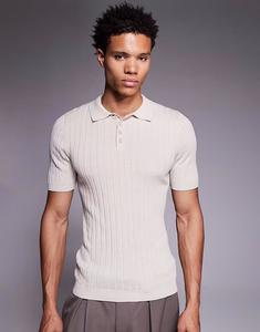 Футболка-поло Muscle Fit из трикотажного полотна в рубчик Asos Design, серо-бежевый