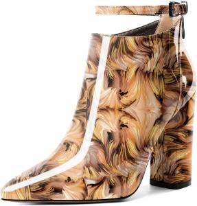 Женские ботильоны Soireelady с высоким массивным каблуком, заостренным носком, классической молнией, элегантные ботильоны на зиму с регулируемым ремешком на щиколотке, Patent Floral-Brown