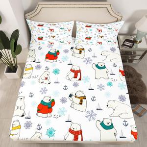 Erosebridal Полярный медведь Fitted Sheet Белые медведи Детские постельные принадлежности Милые забавные антарктические дикие животные Зимние снежинки Комнатный декор Морской якорь Комплект постельного белья, White