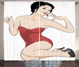 Штора ABAKUHAUS "Девушка в стиле пин-ап, бледнокожая брюнетка", присборенная, для спальни, с петлями и крючками, 280 x 225 см, бежевый, черный и рубиновый Abakuhaus