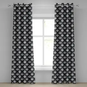 Серо-черная штора на люверсах ABAKUHAUS с богемным узором с повторяющимися мотивами в виде треугольников и вертикальных линий, декоративная двухпанельная штора на окно, 280 см x 260 см, серый, черный, светло-серый Abakuhaus