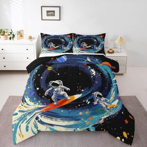 Erosebridal Комплект постельного белья Surfing Astronaut с принтом космоса и серфинга в синих тонах, Black Blue