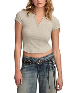Женская футболка с коротким рукавом и воротником-стойкой Lucky Brand, Light Heather Grey