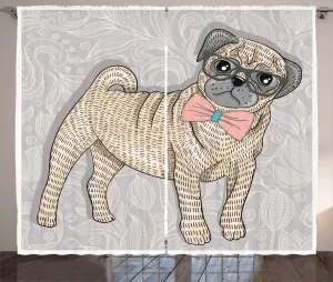 Штора ABAKUHAUS "Мопс в деревенском стиле", очки "Хипстерская собака-ботаник", присборенная штора для спальни с петлями и крючками, 280 x 245 см, бледно-желтый, светло-розовый Abakuhaus