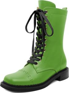 Женские ботильоны SAMMITOP с шнуровкой, средние сапоги до середины голени, боевые ботинки с массивным низким каблуком, квадратный носок, молния, модная обувь для выхода, каблук 1,4 дюйма, Olive Green