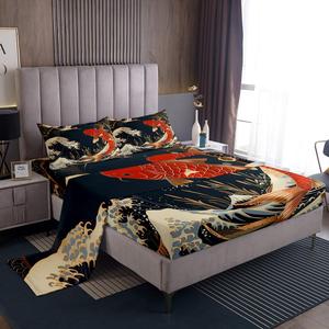 Erosebridal Комплект постельного белья Red Koi Fish Oriental Crane с японским стилем укиё-э и морскими волнами, Black Red Navy