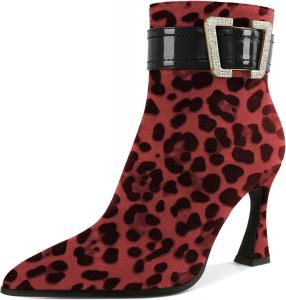 Женские ботфорты AUMOTED с ремнями и стразами, ботильоны выше колена на высоком каблуке с заостренным носком, элегантные ботильоны на катушечном каблуке 3,4 дюйма, короткие ботинки, Suede Leopard Red