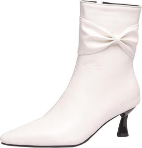 Женские короткие ботильоны на тонком каблуке с молнией, заостренным носком и бантиками XIEPP, White