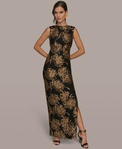 Женское длинное платье с круглым вырезом и декором Donna Karan New York, Black/Gold