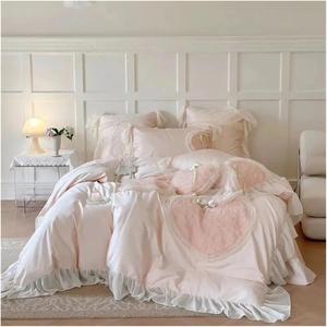 KYTGFH Комплект постельного белья Princess Wedding из египетского хлопка 1000Tc с розами Love и кружевными рюшами Flat Bed Sheet