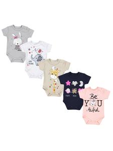 TupTam Детские боди с короткими рукавами и принтом с надписью, комплект из 5 штук, бежево-розовый цвет