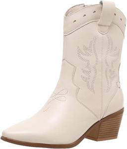 Женские классические вестерн-сапоги NIOKIT в стиле ковбой с вышивкой, округлым носком, низким каблуком и молнией на щиколотке, Beige