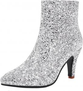 Женские модные ботильоны LYYSKY с высокими каблуками 8,5 см, заостренным носком, боковой молнией, универсальные и элегантные короткие ботинки, размер 19-29, США 4-14, Silver(L9-19)