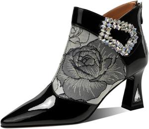 Женские ботильоны TinaCus с заостренным носком из натуральной кожи с шелковой вышивкой, ручной работы, с хрустальной пряжкой, на молнии, с средним каблуком, Black