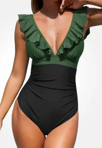 Элегантный купальник с оборками Cupshe, Green/Black